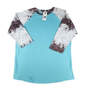 Prissy Jane Shirt Womens Large Blue Cow Print 3/4 Raglan Sleeve Western FLAW